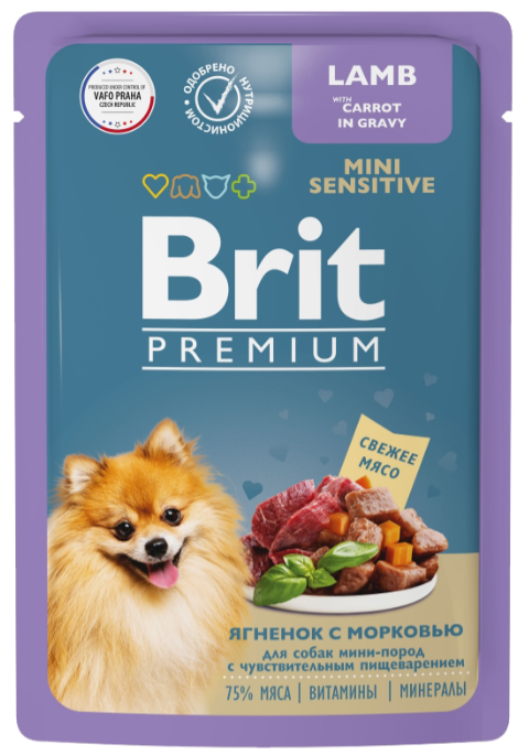 Паучи Brit Premium Mini Sensitive Lamb & Carrot (в соусе) для собак малых пород с чувствительным пищеварением, с ягненком и морковью, 85 г