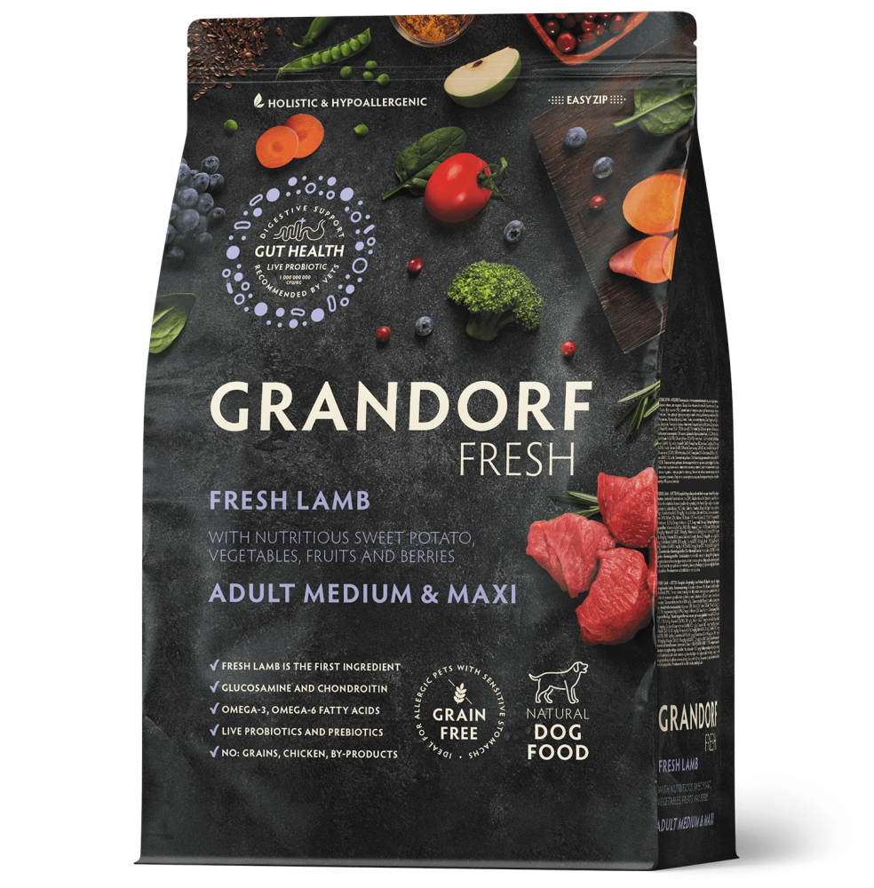 Сухой корм GRANDORF FRESH DOG Lamb MED&MAXI мясо Ягненка с бататом для взрослых собак средних и крупных пород, чувствительное пищеварение или склонность к аллергии
