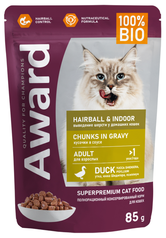 Влажный корм AWARD Hairball & Indoor для выведения шерсти у взрослых домашних кошек кусочки в соусе с уткой 85 г
