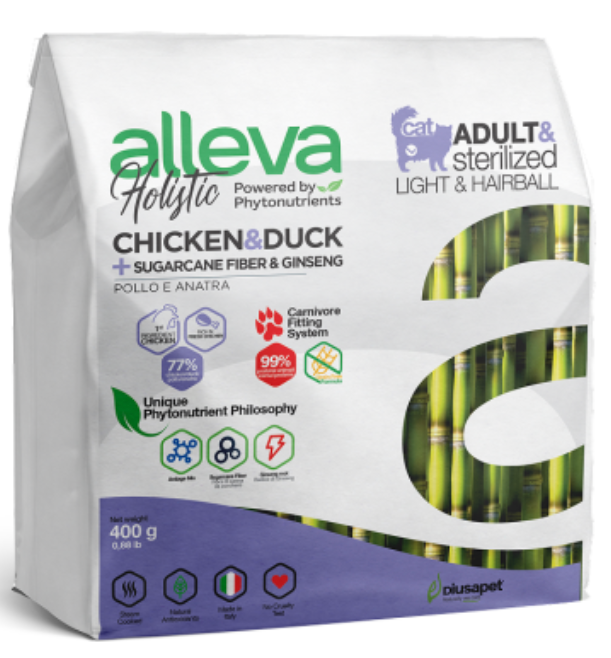 Корм Alleva Holistic Cat Neutered Chicken & Duck для стерилизованных кошек, курица, утка, волокна сахарного тростника и женьшень 400 г