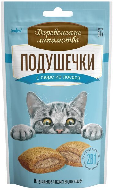 Лакомство для кошек Деревенские лакомства подушечки с пюре лососем 30 г