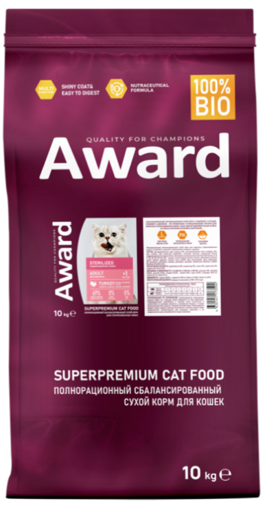 Сухой корм AWARD Sterilized для взрослых стерилизованных кошек с индейкой и курицей с добавлением клюквы и цикория