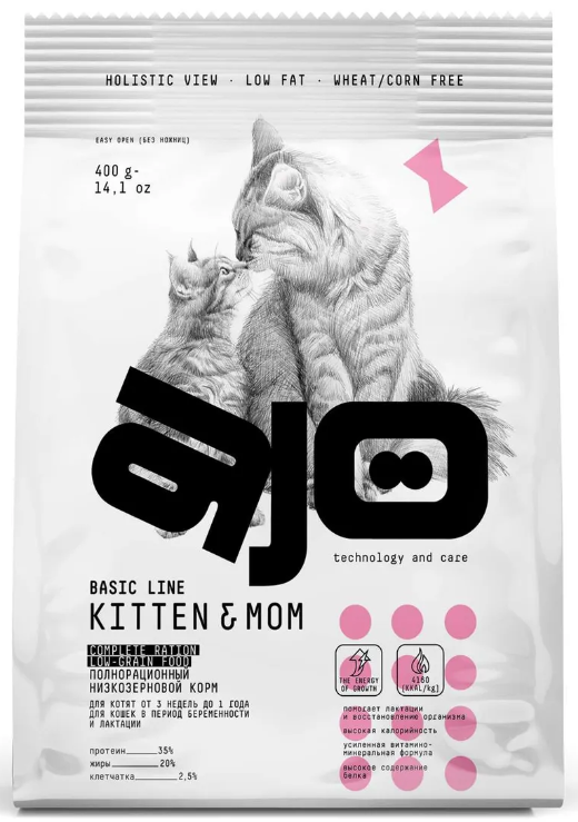 Ajo Cat Kitten & Mom Сухой корм низкозерновой для КОТЯТ беременных и кормящих кошек с индейкой