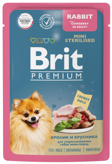Паучи Brit Premium Mini Sterilised Rabbit & Cowberry (в соусе) для стерилизованных собак малых пород, с кроликом и брусникой, 85 г