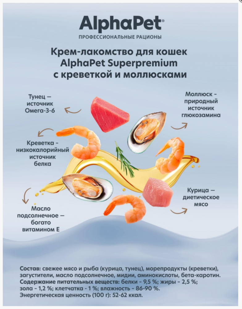 Крем-лакомство AlphaPet Superpremium креветки и моллюски для кошек 48 г